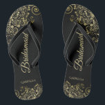 Gold Lace Frills Elegant Black Bridesmaid Wedding Flip Flops<br><div class="desc">These elegant wedding flip flops are a great way to thank and recognize your bridesmaids, while giving their feet a rest after a long day. The beautiful design features an elegant design with golden lace frills on a classic black background and fancy gold colored script lettering. The text reads Bridesmaid...</div>