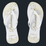 Gold Lace Frills Elegant White Bridesmaid Wedding Flip Flops<br><div class="desc">These elegant wedding flip flops are a great way to thank and recognize your bridesmaids, while giving their feet a rest after a long day. The beautiful design features an elegant design with golden lace frills on a white background and fancy gold colored script lettering. The text reads Bridesmaid with...</div>