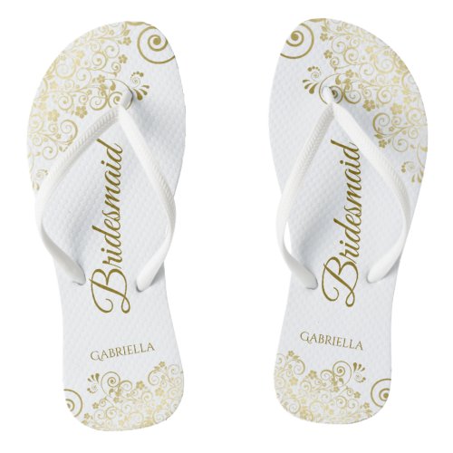 Gold Lace Frills Elegant White Bridesmaid Wedding Flip Flops