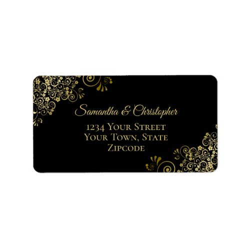 Gold Lace Frills on Black Elegant Wedding Address Label