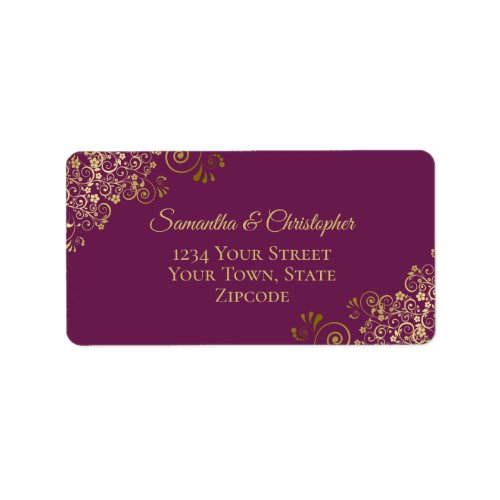 Gold Lace Frills on Cassis Purple Wedding Address Label