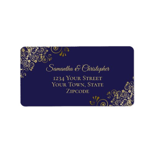 Gold Lace Frills on Navy Blue Wedding Address Label
