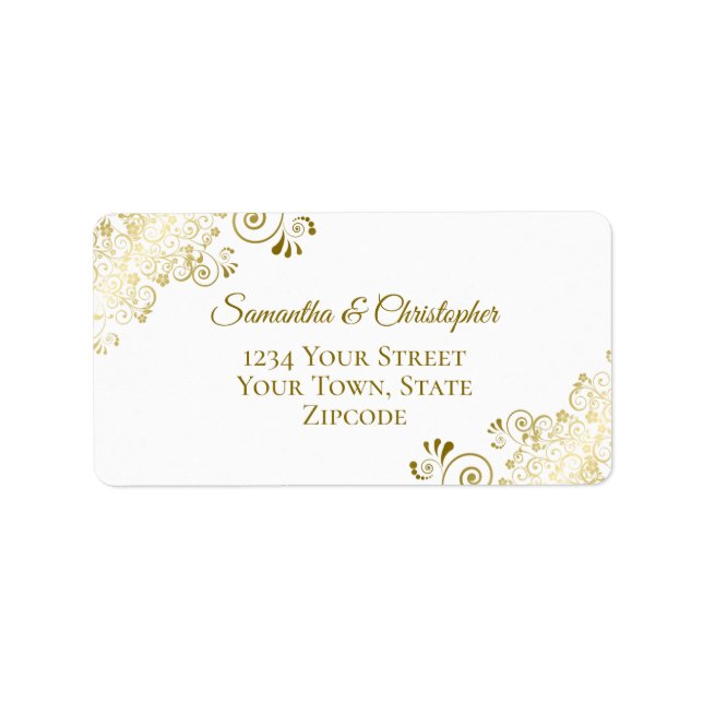 Gold Lace Frills on White Elegant Wedding Address Label (Front)