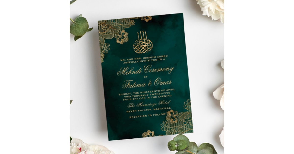 Gold Lace Green Islamic Muslim Mehndi Ceremony Invitation Zazzle gold-lace-green-islamic-muslim-mehndi-ceremony-invitation-zazzle