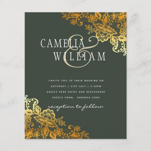 Gold Lace Green Wedding Invitations Budget Flyer (Front)