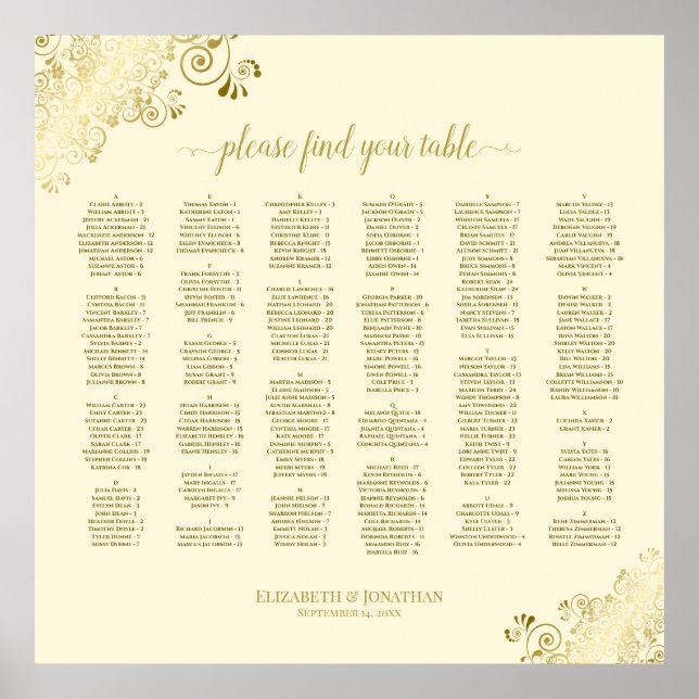 Gold Lace Ivory Cream Alphabetical Seating Chart (Front)