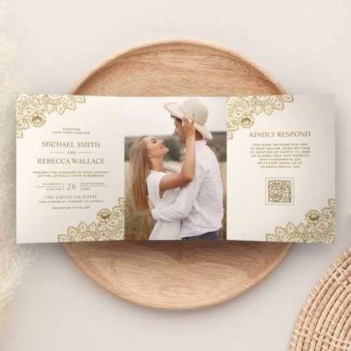 Gold Lace Ivory Cream Photo QR Code Wedding Tri-Fold Invitation