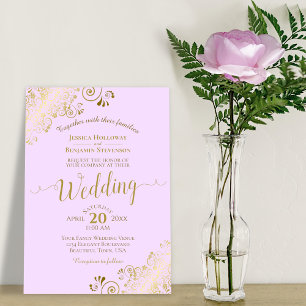 Gold Lace Lilac Purple Elegant Calligraphy Wedding Invitation