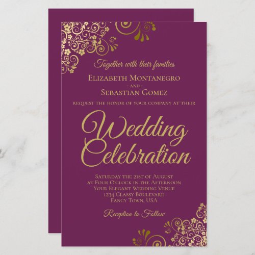 Gold Lace Magenta BUDGET Wedding Invitation Large