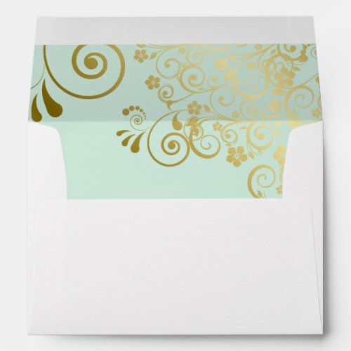 Gold Lace Mint Green Inside Elegant White Wedding Envelope