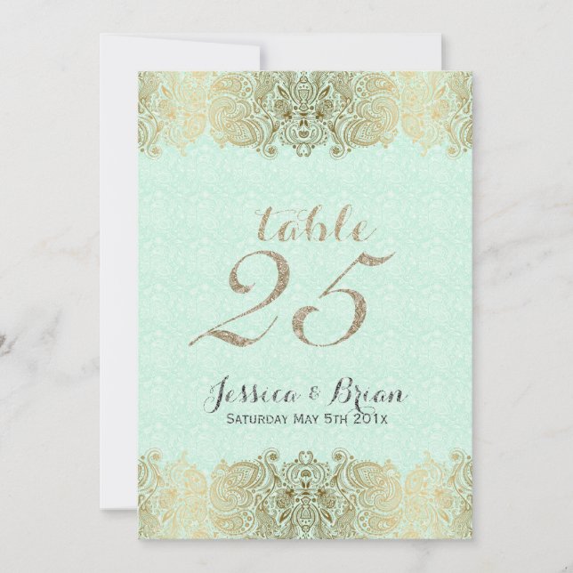 Gold Lace & Mint-Green Wedding Table Number (Front)