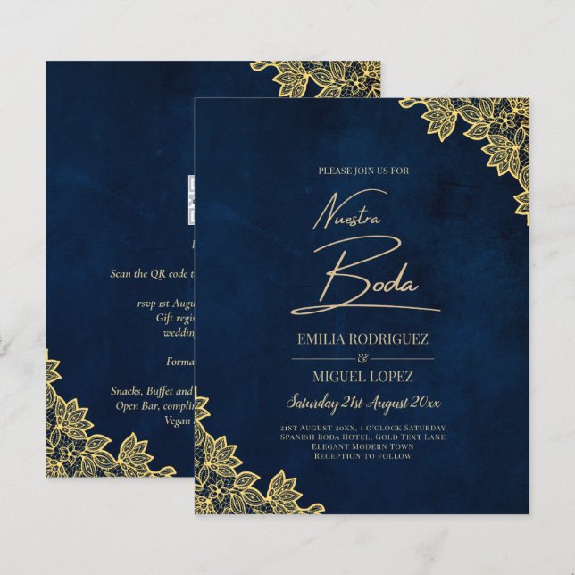 Gold Lace Navy Blue All-in-1 Wedding Invites QR Co (Front/Back)