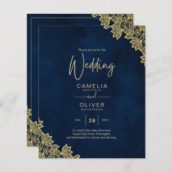 Gold Lace Navy Blue All-in-1 Wedding Invites QR Co