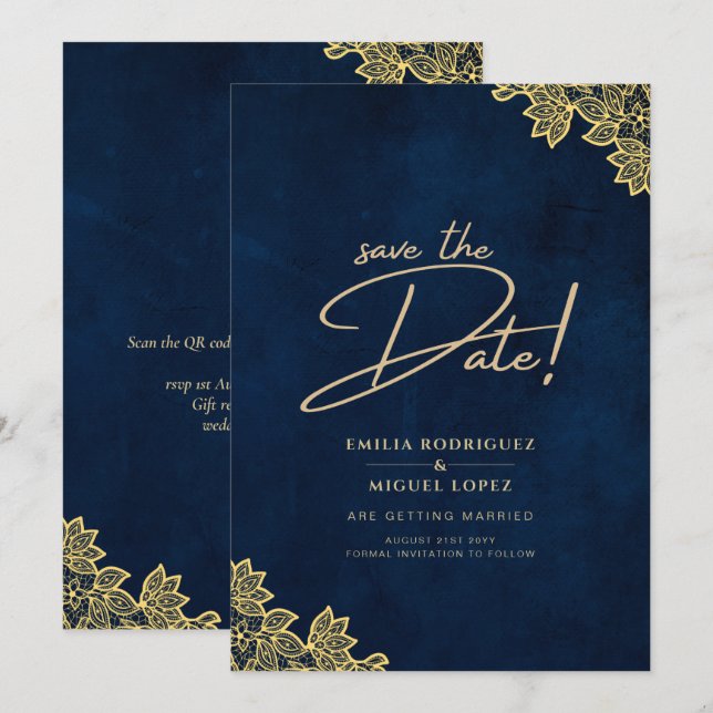Gold Lace Navy Blue All-in-1 Wedding Invites QR Co (Front/Back)