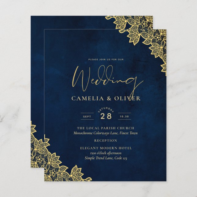 Gold Lace Navy Blue All-in-1 Wedding Invites QR Co (Front/Back)
