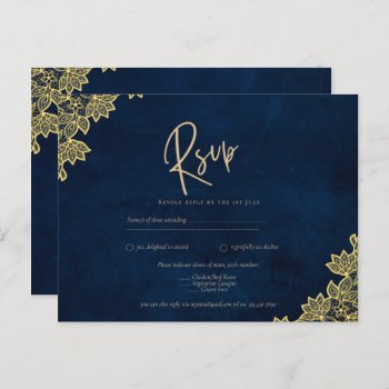 Gold Lace Navy Blue All-in-1 Wedding Invites QR Co
