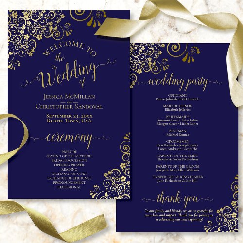 Gold Lace Navy Blue Elegant Budget Wedding Program