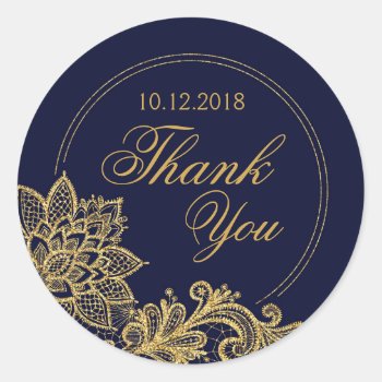 Gold Lace Navy Modern Thank You Label by NouDesigns at Zazzle