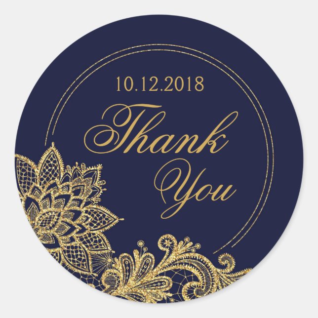Gold Lace Navy Modern Thank You Label (Front)