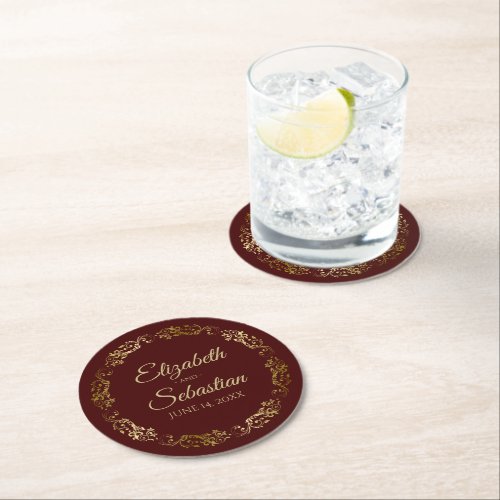 Gold Lace on Auburn Brown Elegant Wedding Round Paper Coaster