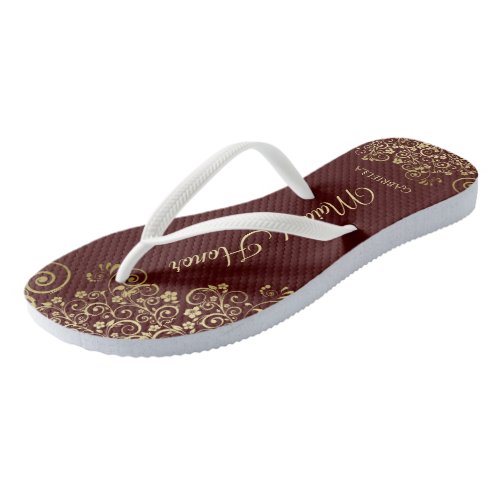 Gold Lace on Auburn Brown Maid of Honor Wedding Flip Flops