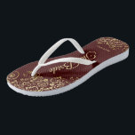 Gold Lace on Auburn Brown The Bride Wedding Flip Flops<br><div class="desc">Dance the night away with these beautiful wedding flip flops. Designed for the bride, they feature a simple yet elegant design with gold colored script lettering on a chocolate brown or auburn colored background and fancy golden lace curls and swirls. Beautiful way to stay fancy and appropriate while giving your...</div>