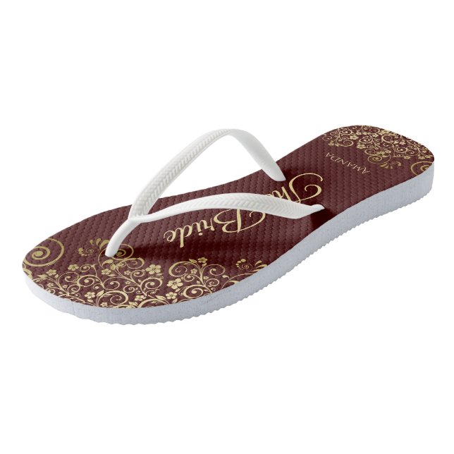 Gold Lace on Auburn Brown The Bride Wedding Flip Flops (Angled)