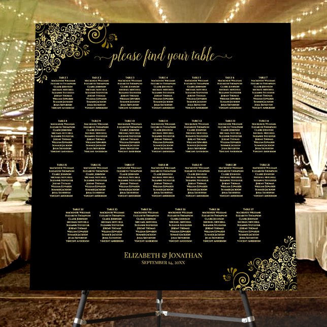 Gold Lace on Black 27 Table Wedding Seating Chart Foam Board (In Situ on Stand at Reception)