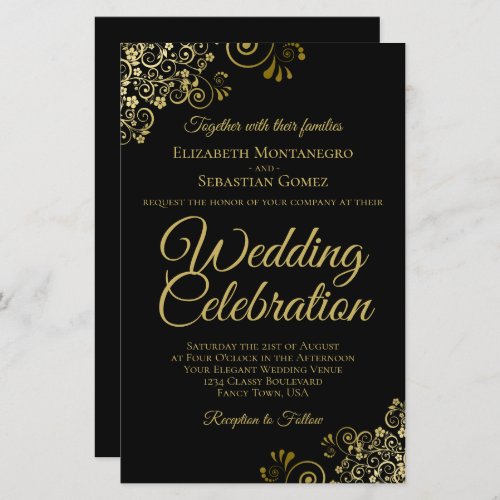 Gold Lace on Black BUDGET Wedding Invitation Large