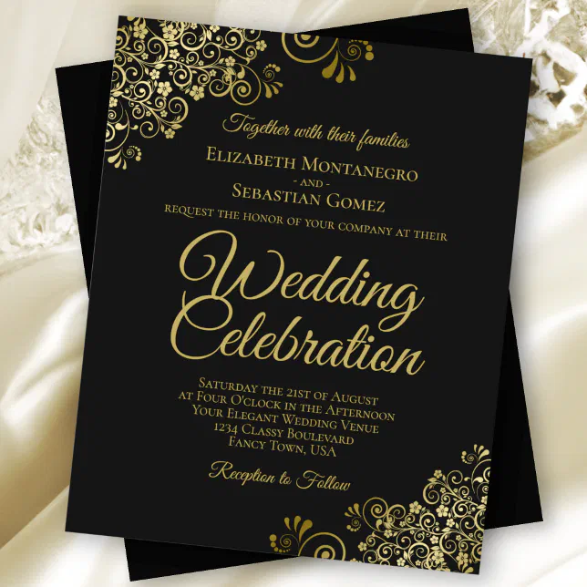 Gold Lace On Black Chic Budget Wedding Invitation 