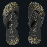 Gold Lace on Black Elegant Maid of Honor Wedding Flip Flops<br><div class="desc">These beautiful wedding flip flops are a great way to thank and recognize your Maid of Honor while saving her feet at the same time. Features an elegant design with golden lace frills on a black background and fancy gold colored script lettering. The test reads Maid of Honor with her...</div>