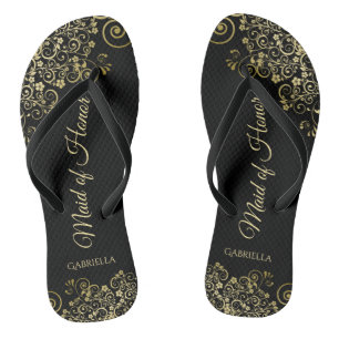 Gold Lace on Black Elegant Maid of Honor Wedding Flip Flops