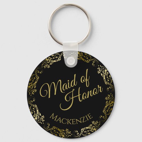 Gold Lace on Black Elegant Maid of Honor Wedding Keychain