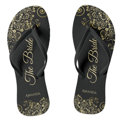 Gold Lace on Black The Bride Elegant Wedding Flip Flops