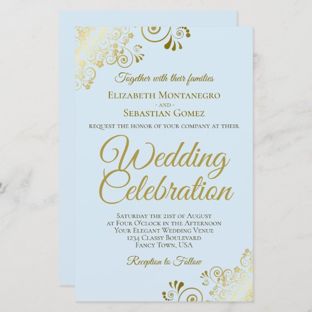 Gold Lace on Blue BUDGET Wedding Invitation Large (Front/Back)