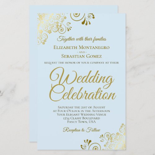 Gold Lace on Blue BUDGET Wedding Invitation Large