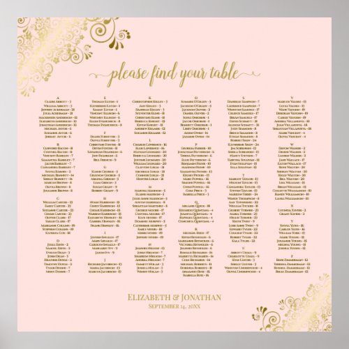 Gold Lace on Blush Pink Alphabetical Seating Chart