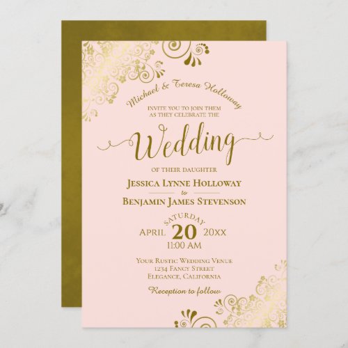 Gold Lace on Blush Pink Elegant Formal Wedding Invitation