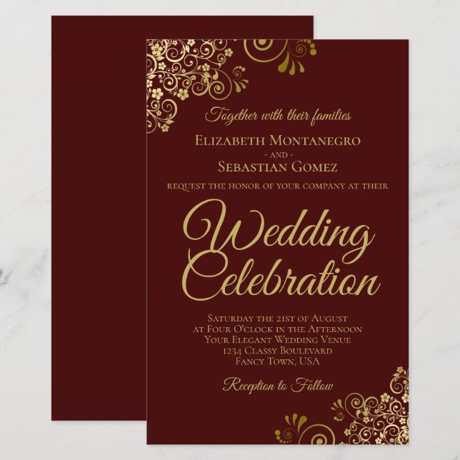 Gold Lace on Brown BUDGET Wedding Invitation Large (Front/Back)