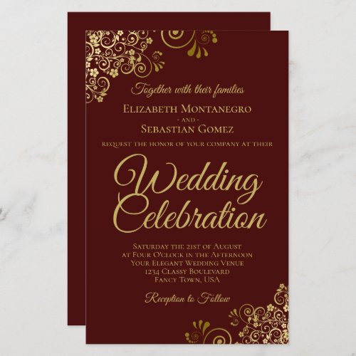 Gold Lace on Brown BUDGET Wedding Invitation Large