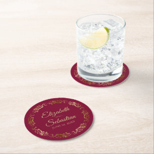 Gold Lace on Burgundy Maroon Elegant Wedding Round Paper Coaster