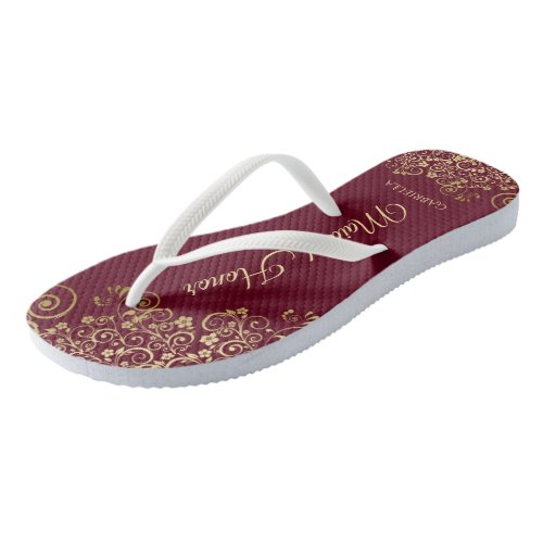 Gold Lace on Burgundy Maroon Maid of Honor Wedding Flip Flops