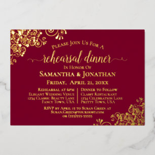 Gold Lace on Burgundy Wedding Rehearsal Dinner Foil Invitation