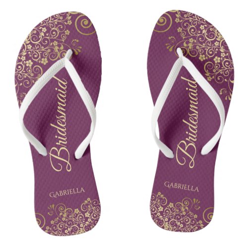 Gold Lace on Cassis Purple Bridesmaid Wedding Flip Flops