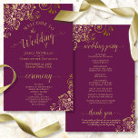 Gold Lace on Cassis Purple Budget Wedding Program<br><div class="desc">These wedding programs are elegant and tasteful, while still being budget friendly. The design features ornate golden faux foil lace with gold text on a magenta, cassis purple, or berry colored background. The typography features lacy script calligraphy, and there is room for details on the ceremony, the bridal party, and...</div>