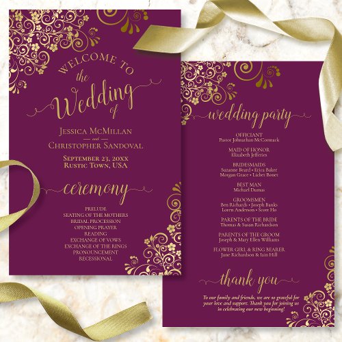 Gold Lace on Cassis Purple Budget Wedding Program