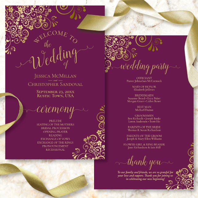 Gold Lace on Cassis Purple Budget Wedding Program (Creator Uploaded)
