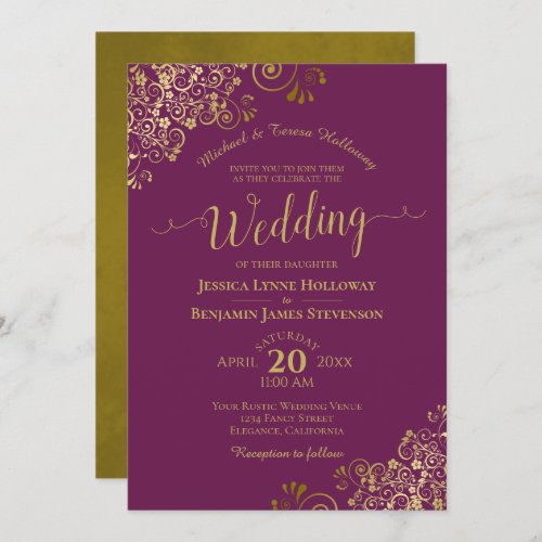 Gold Lace on Cassis Purple Elegant Formal Wedding Invitation
