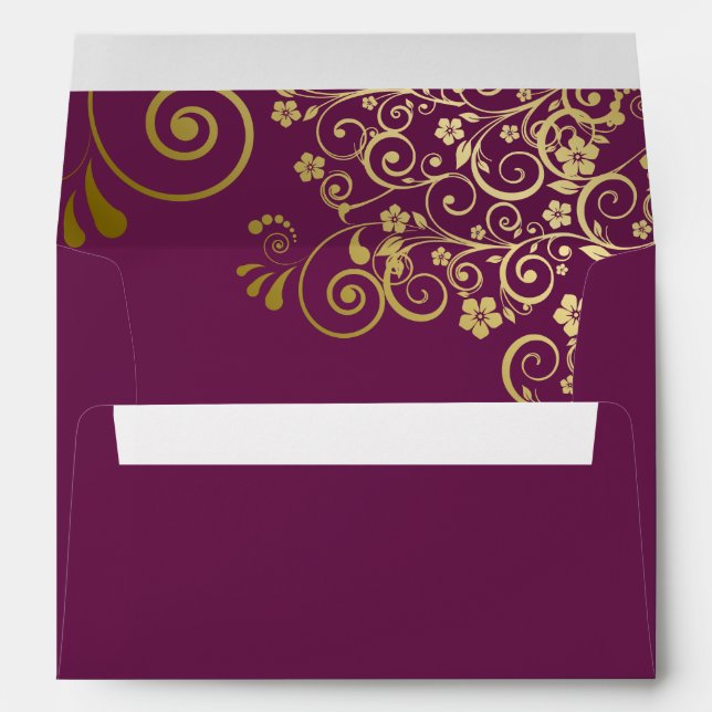Gold Lace on Cassis Purple Elegant Wedding Envelope (Back (Bottom))