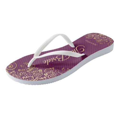 Gold Lace on Cassis Purple The Bride Wedding Flip Flops